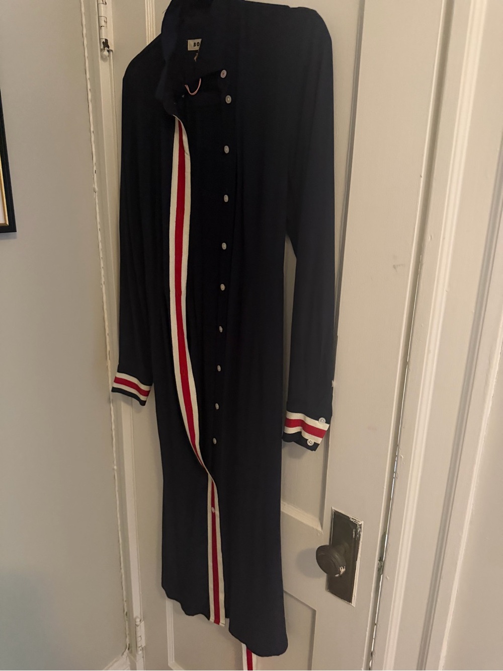 Boden Black Long Sleeve Shirt Dress with Red & White Trim